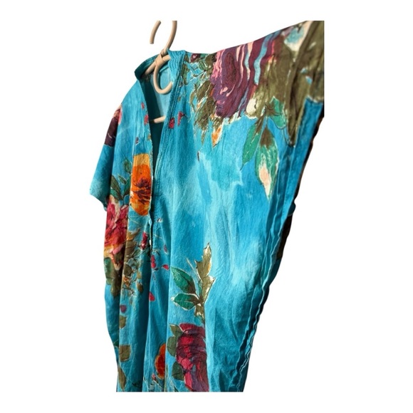 Aqua Bold Floral Split Neck Button Womens Kaftan Aloha Tropical Cover Up OSFA - Picture 7 of 11